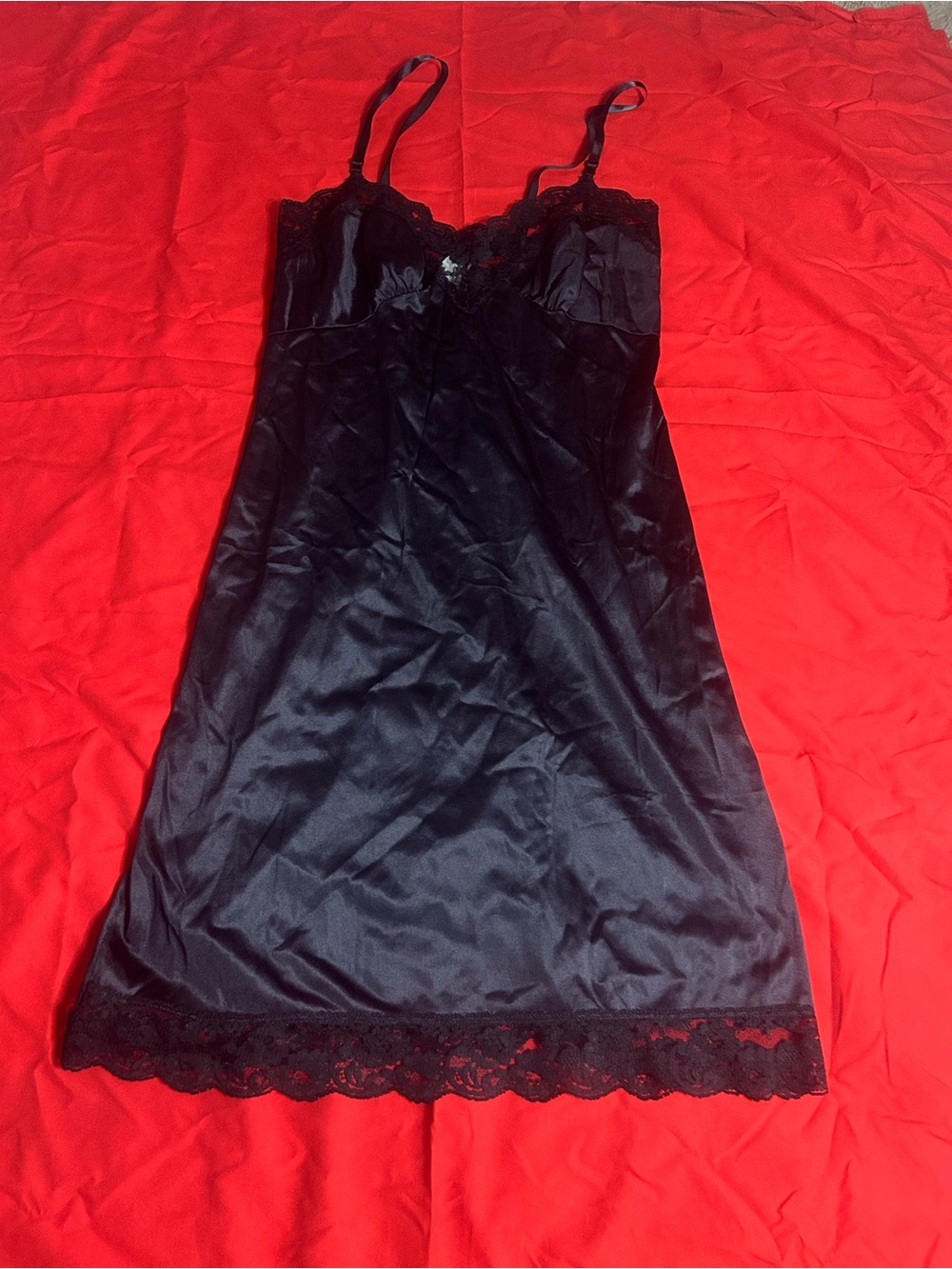 Black Satin Lace-Trim Chemise Slip - Women's Sleepwear